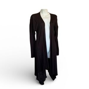 SURVIVAL long black cardigan duster, waterfall front, fluted edges. L